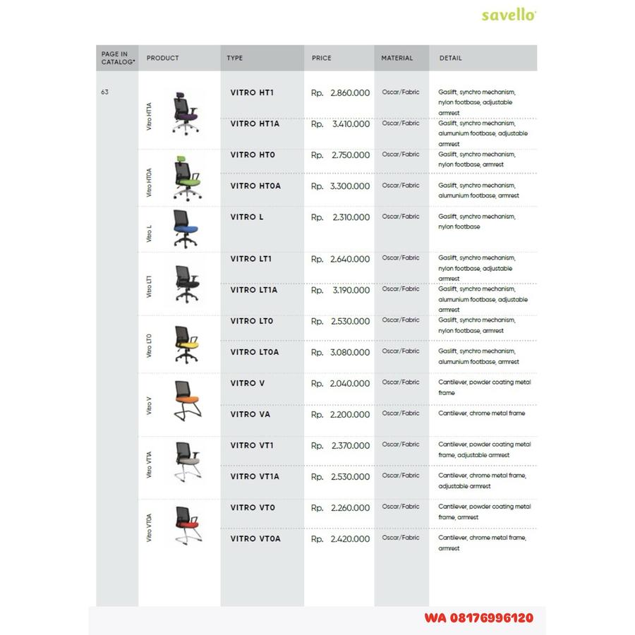 Kursi Kantor Savello VITRO HT1 HT1A HT0 HT0A L LT1 LT1A LT0 LT0A V VA VT1 VT1A VT0 VT0A