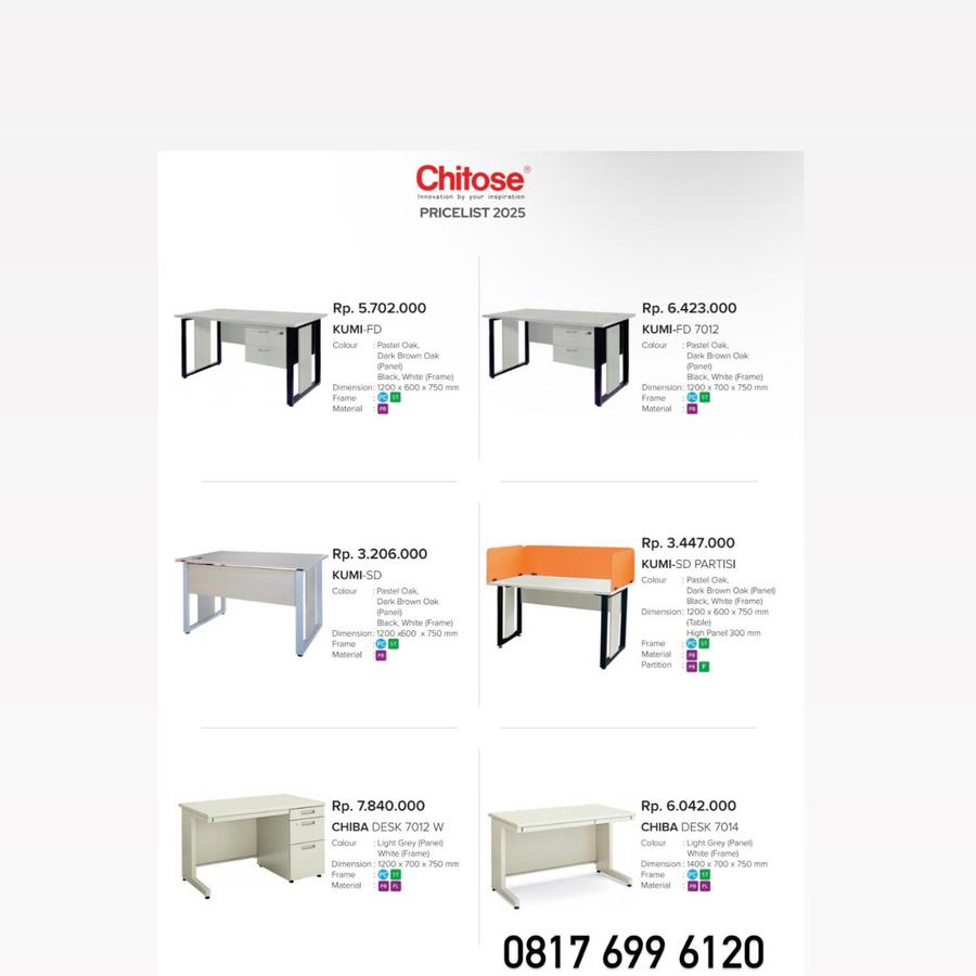 Meja Kantor Chitose KUMI-FD KUMI-FD 7012 KUMI-SD KUMI-SD PARTISI CHIBA DESK 7012 W CHIBA DESK 7014